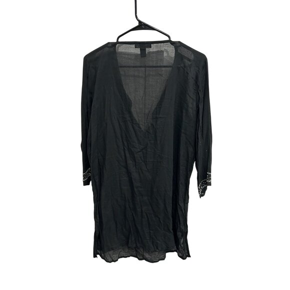 Club Z Collection Beaded V-Neck Tunic Top Black Sz Large 3/4 Sleeve Embellished - Picture 2 of 9